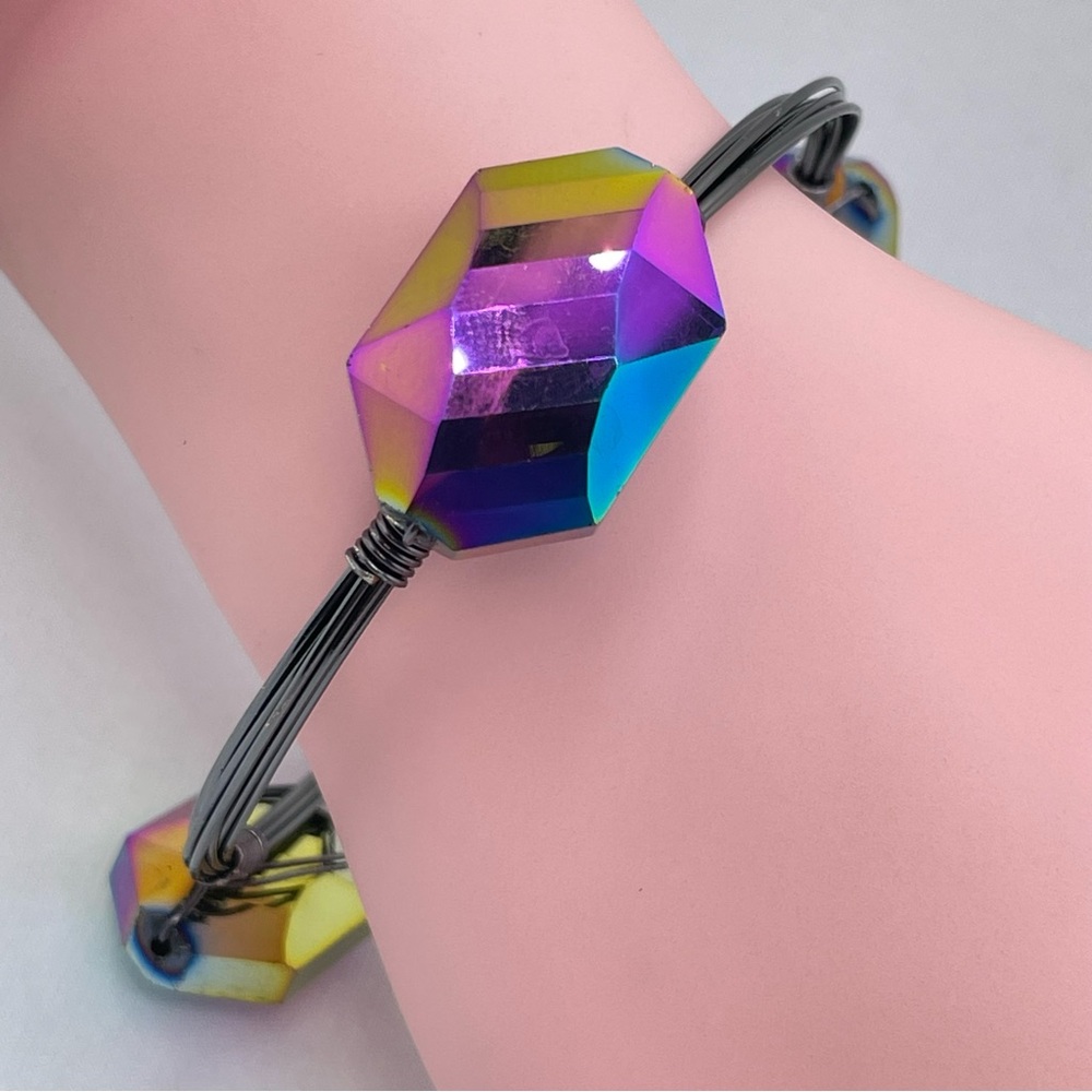 New Gunmetal Tone Rainbow Crystal Bangle Bracelet Iridescent Faceted Beads